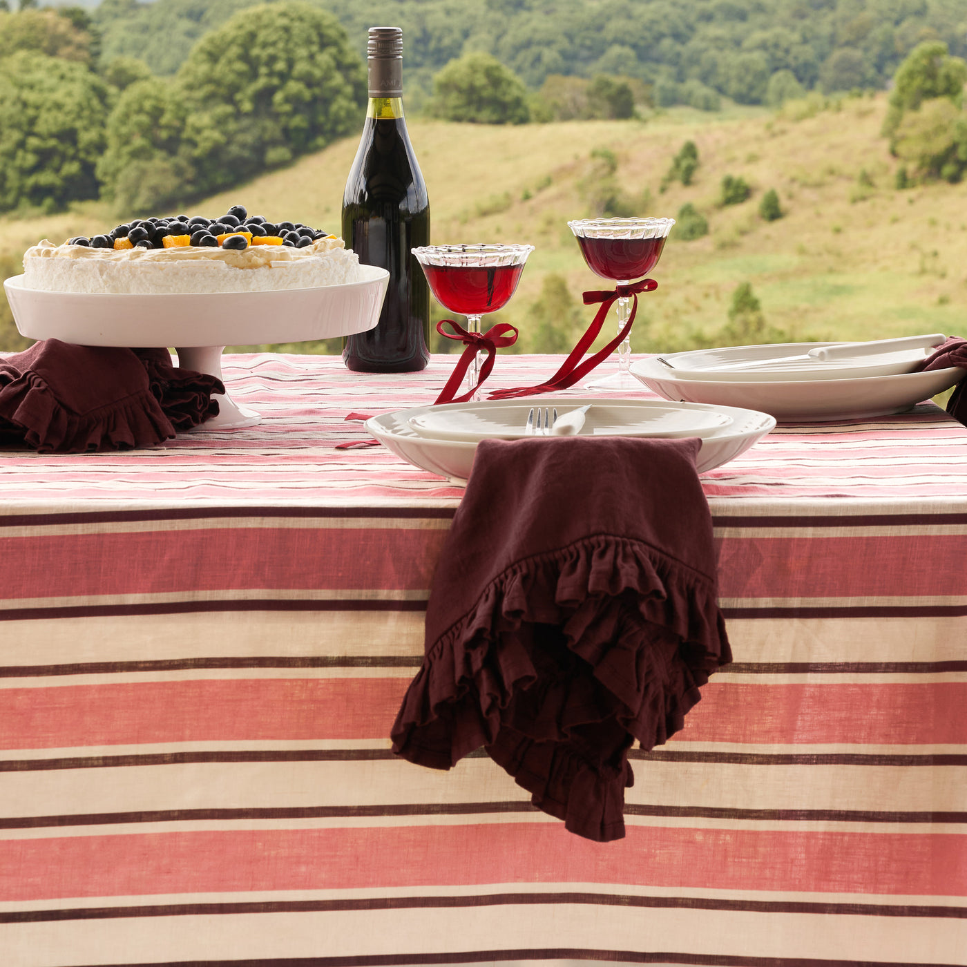 French Flax Linen Table Cloth in Pink Stripe