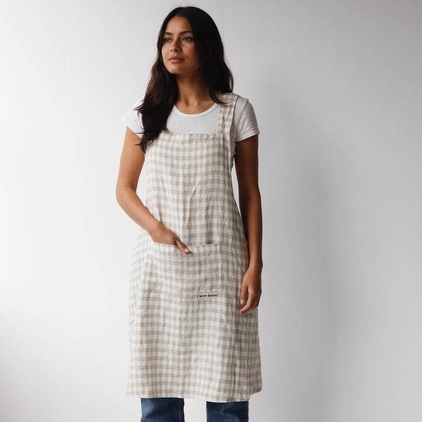 French Flax Linen Apron in Beige Gingham