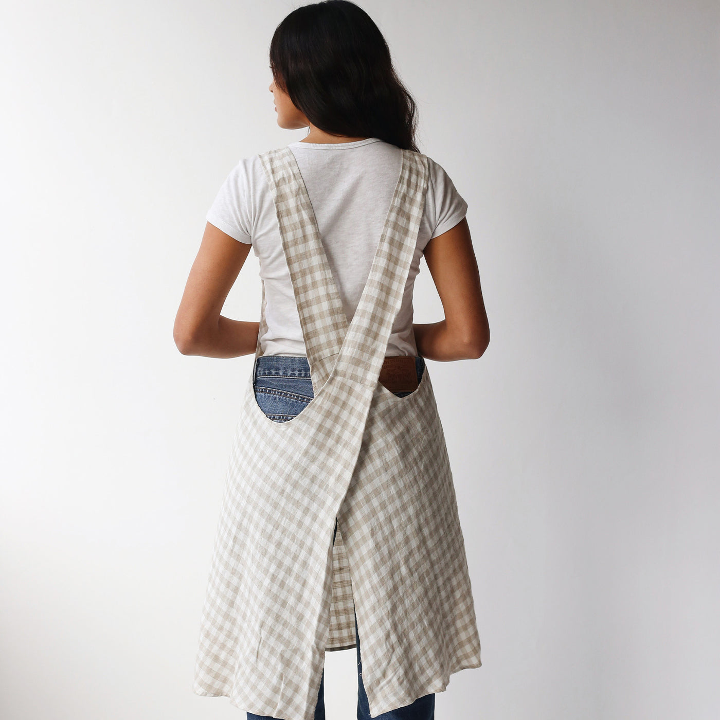 French Flax Linen Apron in Beige Gingham