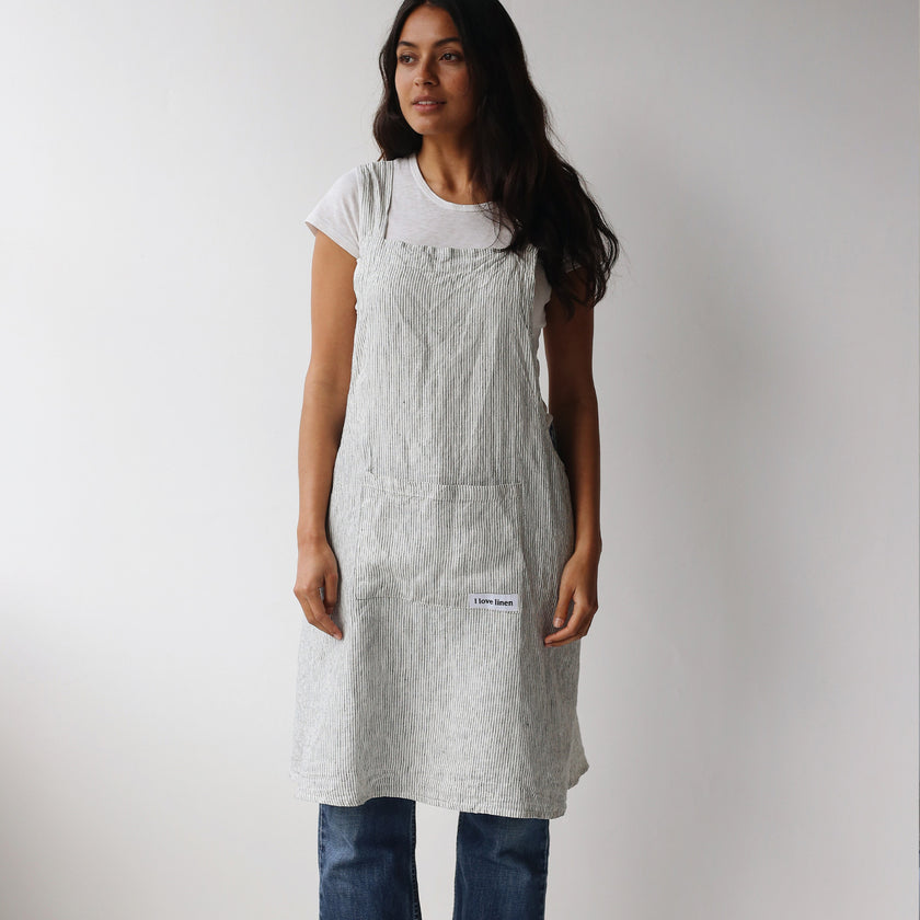 French Flax Linen Apron in Pinstripe