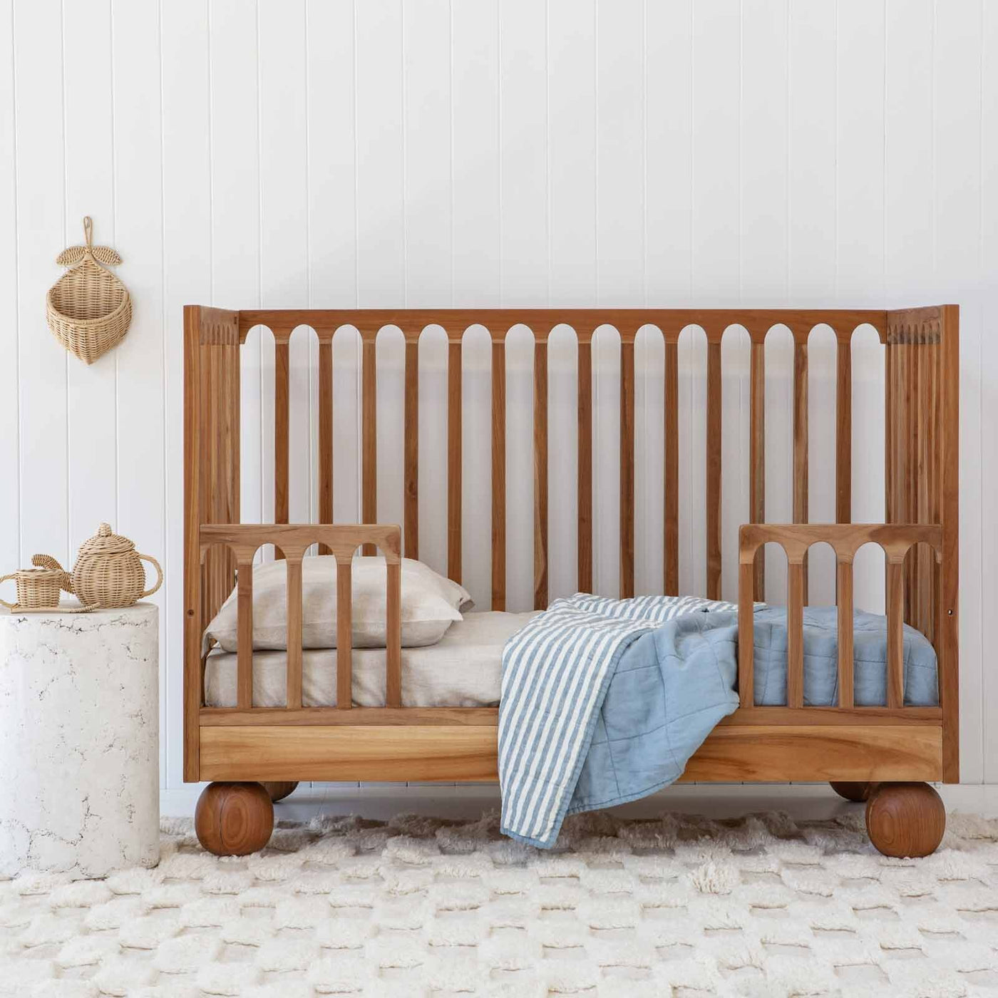 French Flax Linen Cot Quilt/Play Mat in Marine Blue/Marine Blue Stripe