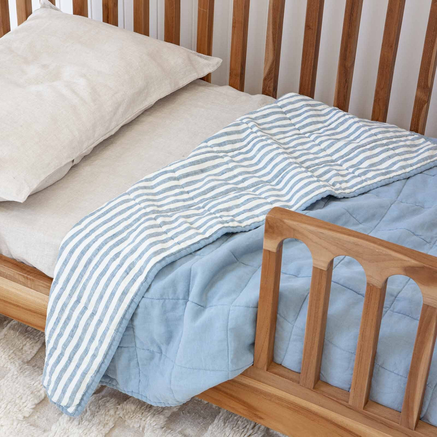 French Flax Linen Cot Quilt/Play Mat in Marine Blue/Marine Blue Stripe