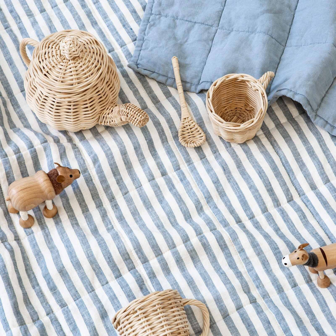 French Flax Linen Cot Quilt/Play Mat in Marine Blue/Marine Blue Stripe