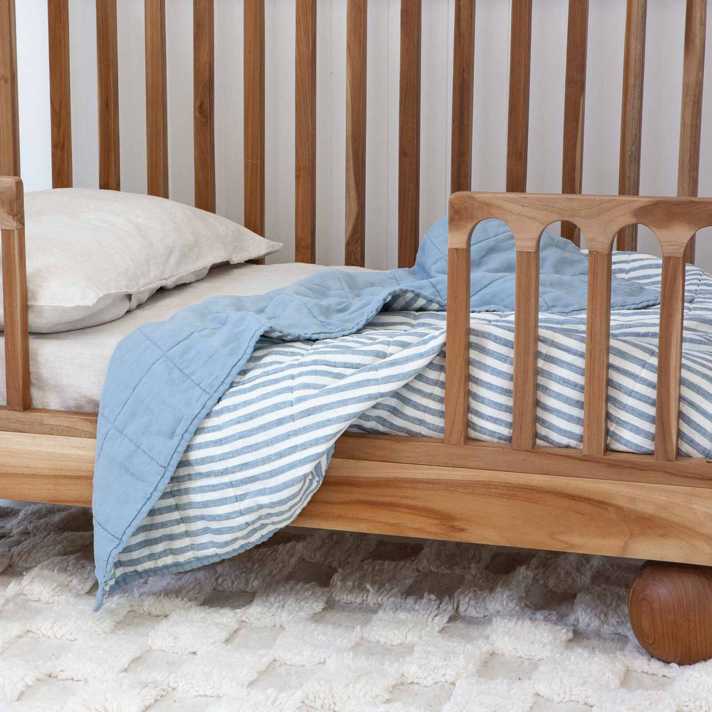 French Flax Linen Cot Quilt/Play Mat in Marine Blue/Marine Blue Stripe