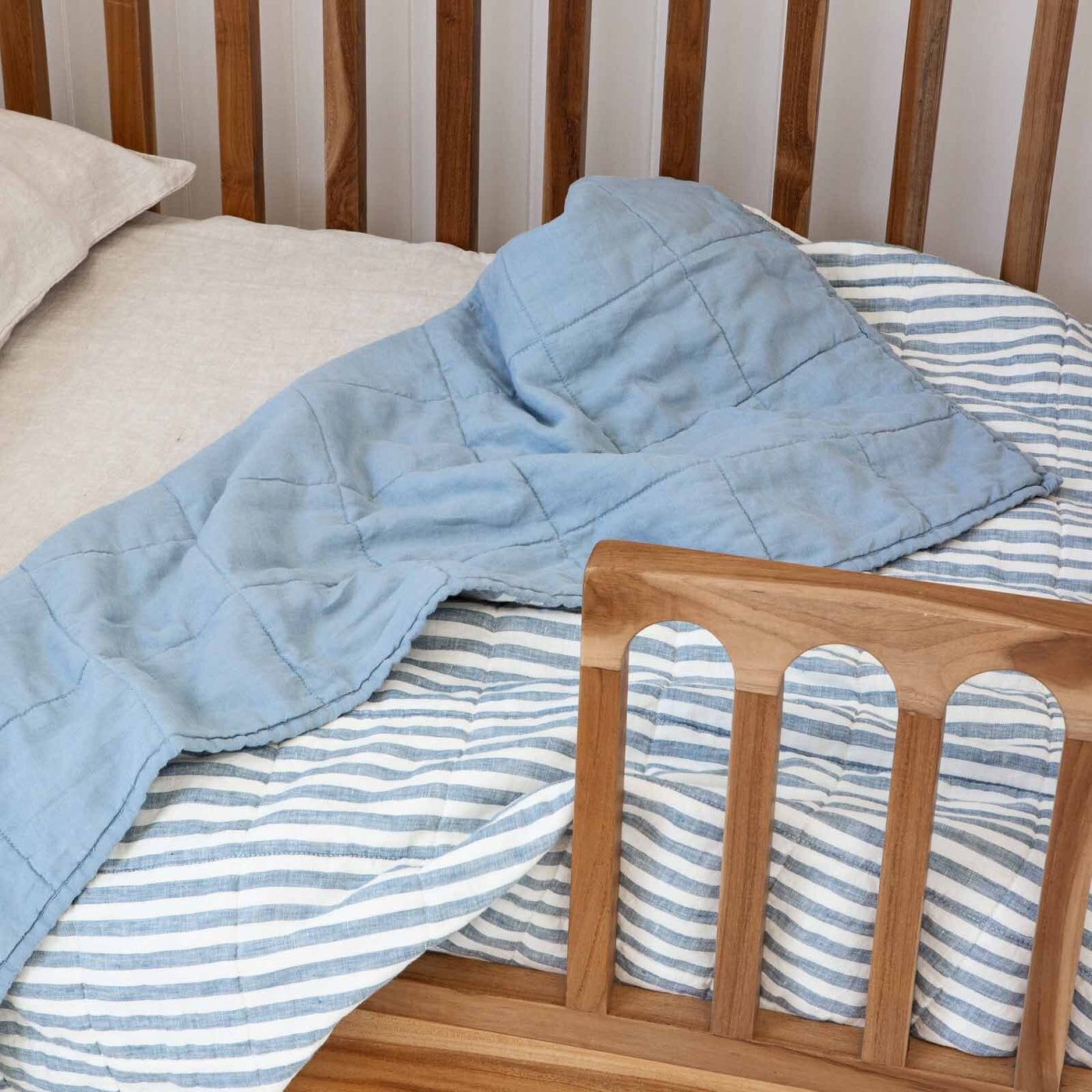 French Flax Linen Cot Quilt/Play Mat in Marine Blue/Marine Blue Stripe