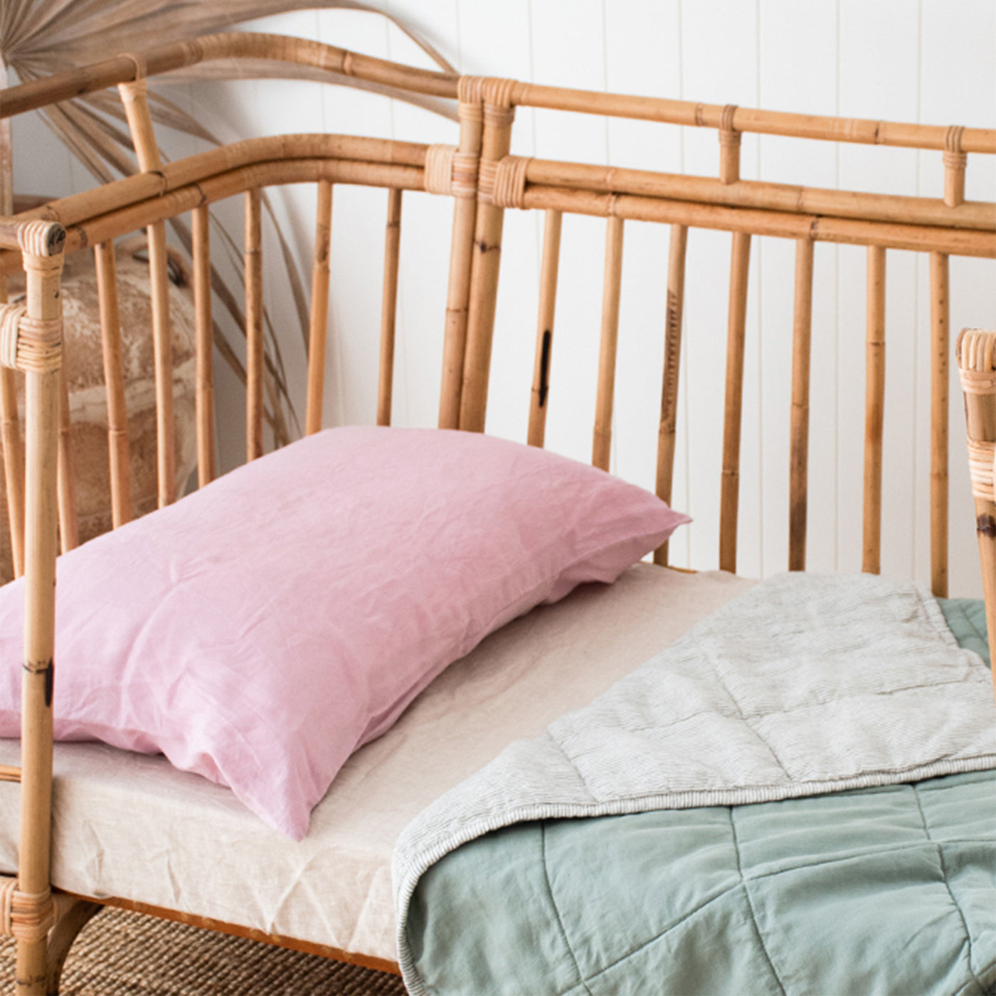 French Flax Linen Cot Quilt/Play Mat in Sage/Pinstripe