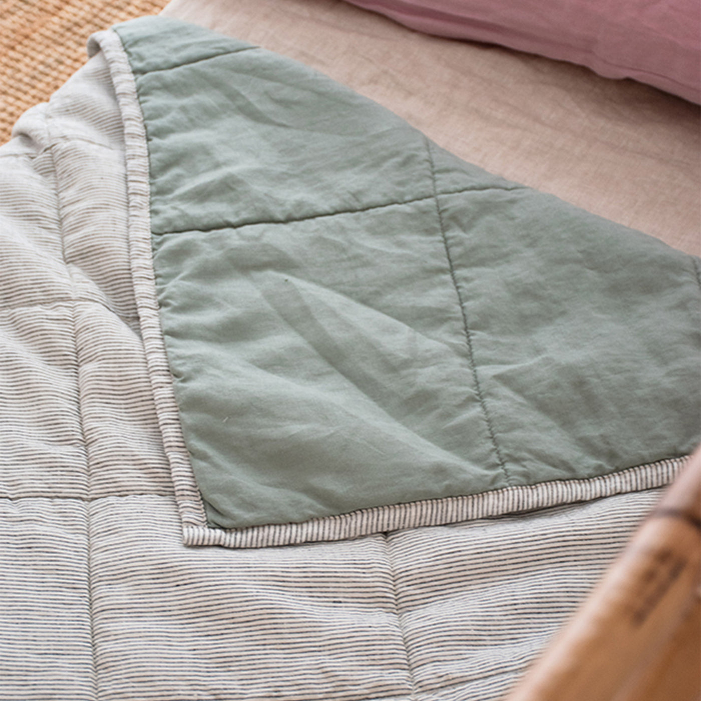 French Flax Linen Cot Quilt/Play Mat in Sage/Pinstripe