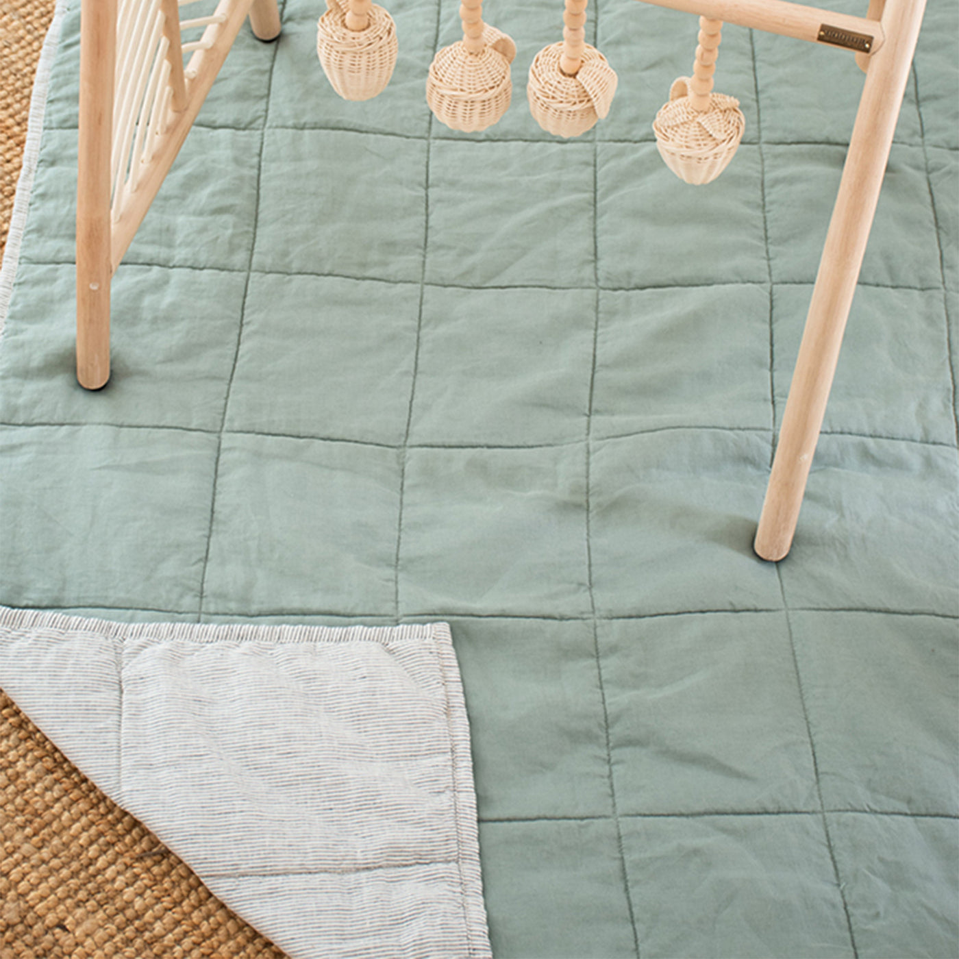 French Flax Linen Cot Quilt/Play Mat in Sage/Pinstripe