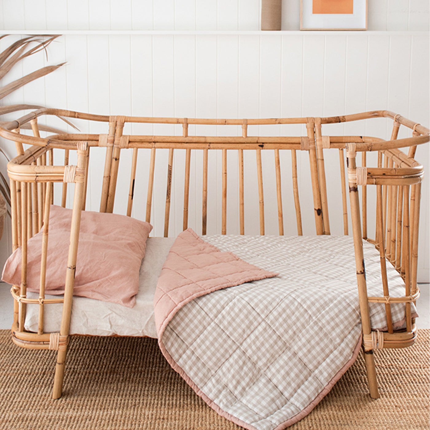 French Flax Linen Cot Quilt/Play Mat in Clay/Beige Gingham