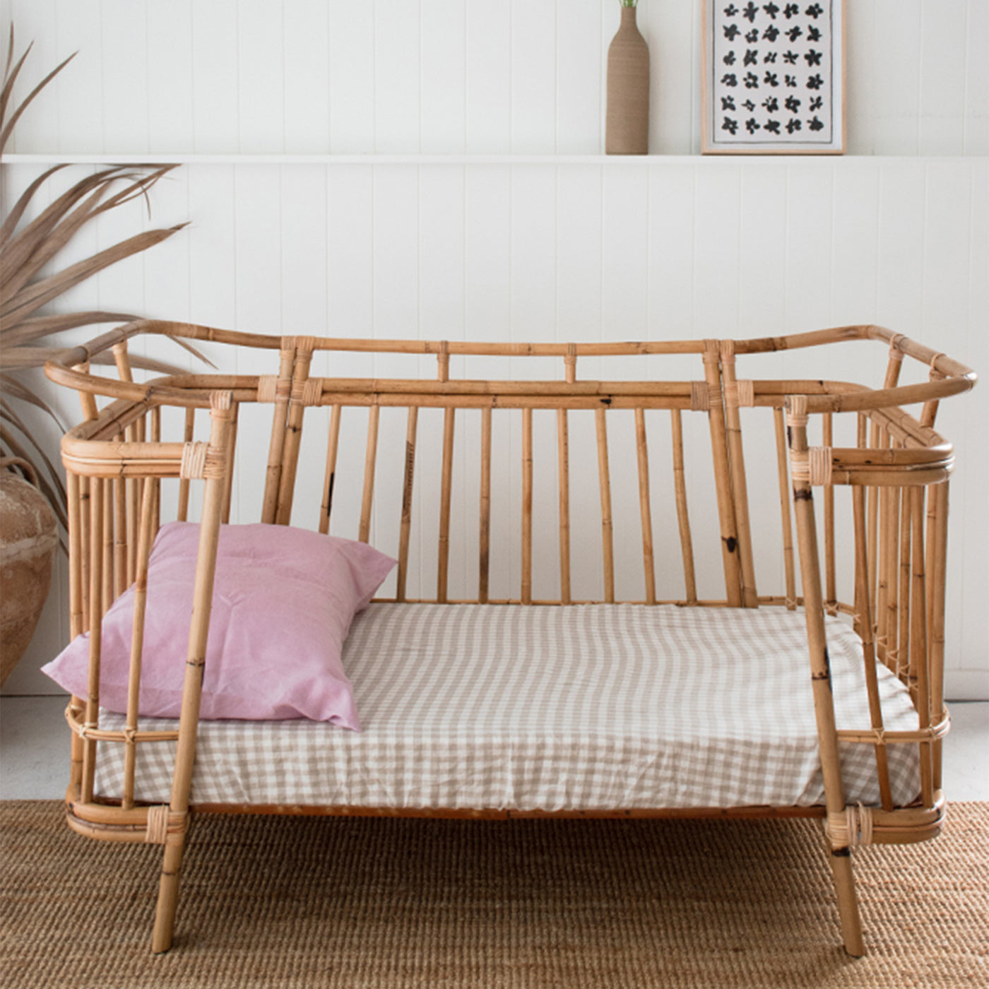 French Flax Linen Cot Sheet in Beige Gingham