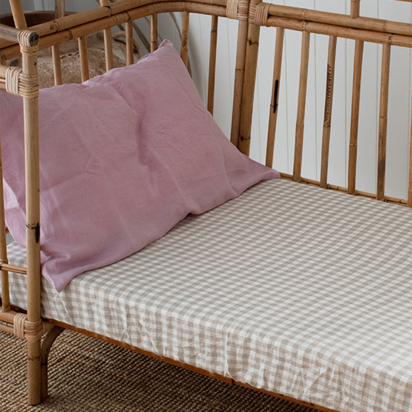 French Flax Linen Cot Sheet in Beige Gingham