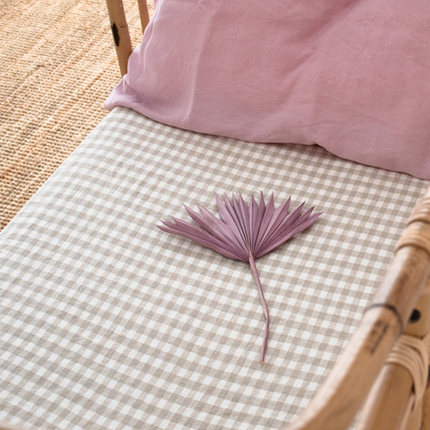 French Flax Linen Cot Sheet in Beige Gingham