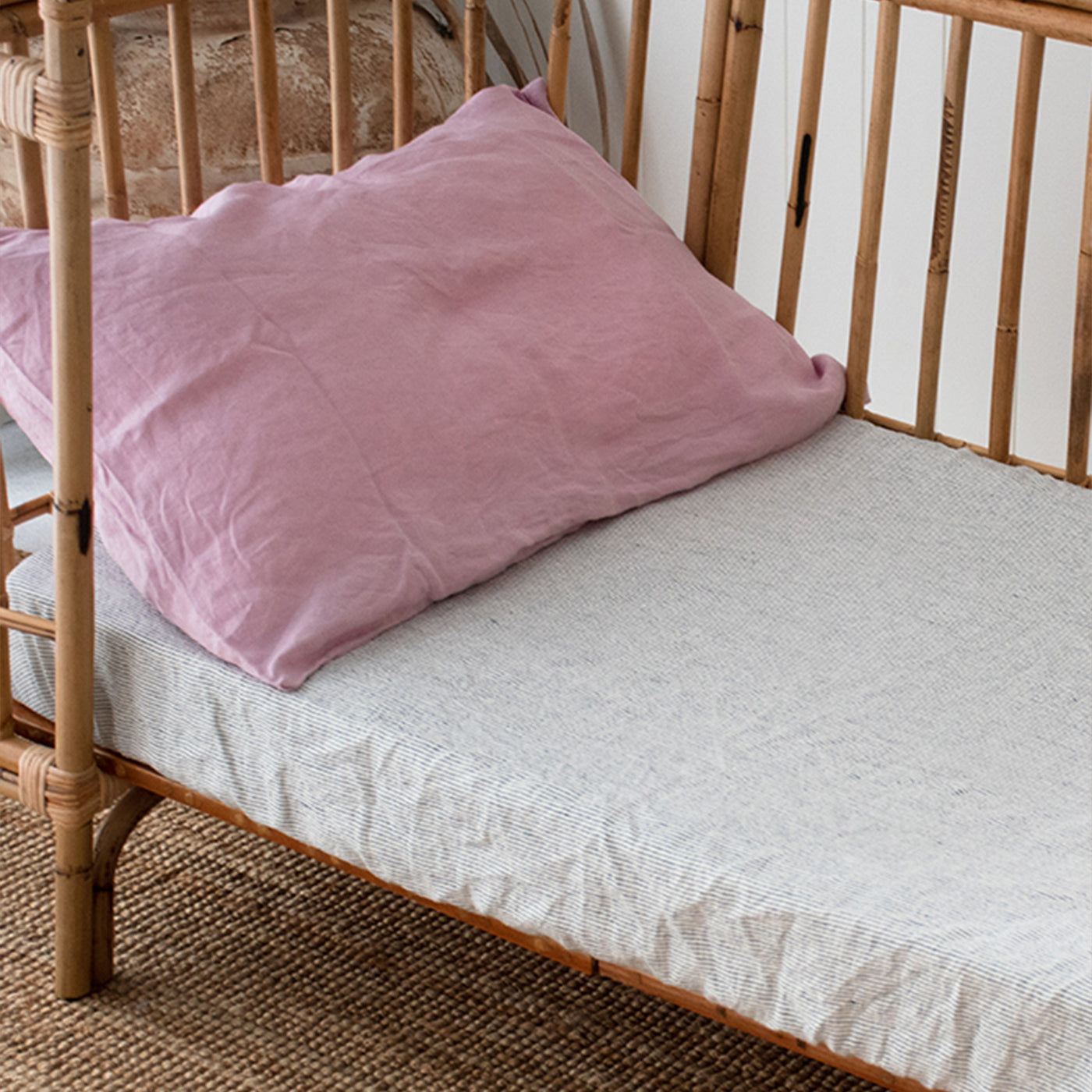 French Flax  Linen Cot Sheet in Pinstripe