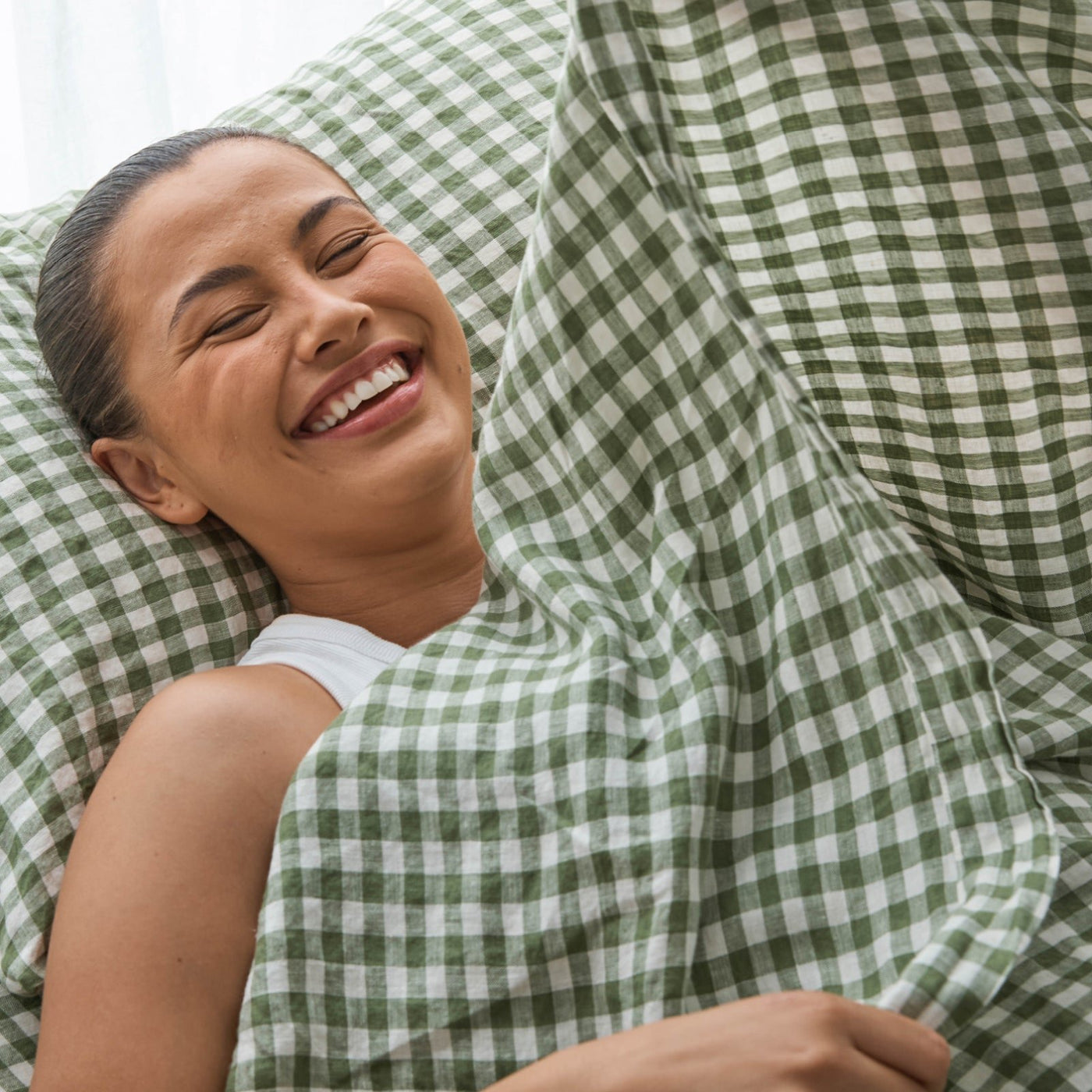 French Flax Linen Flat Sheet in Ivy Gingham