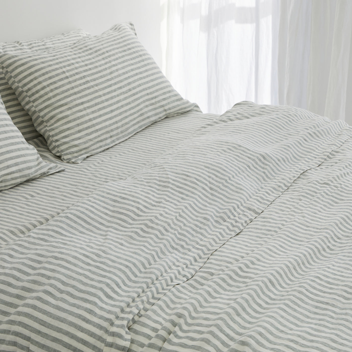 French Flax Linen Quilt Cover Set in Sage Stripe