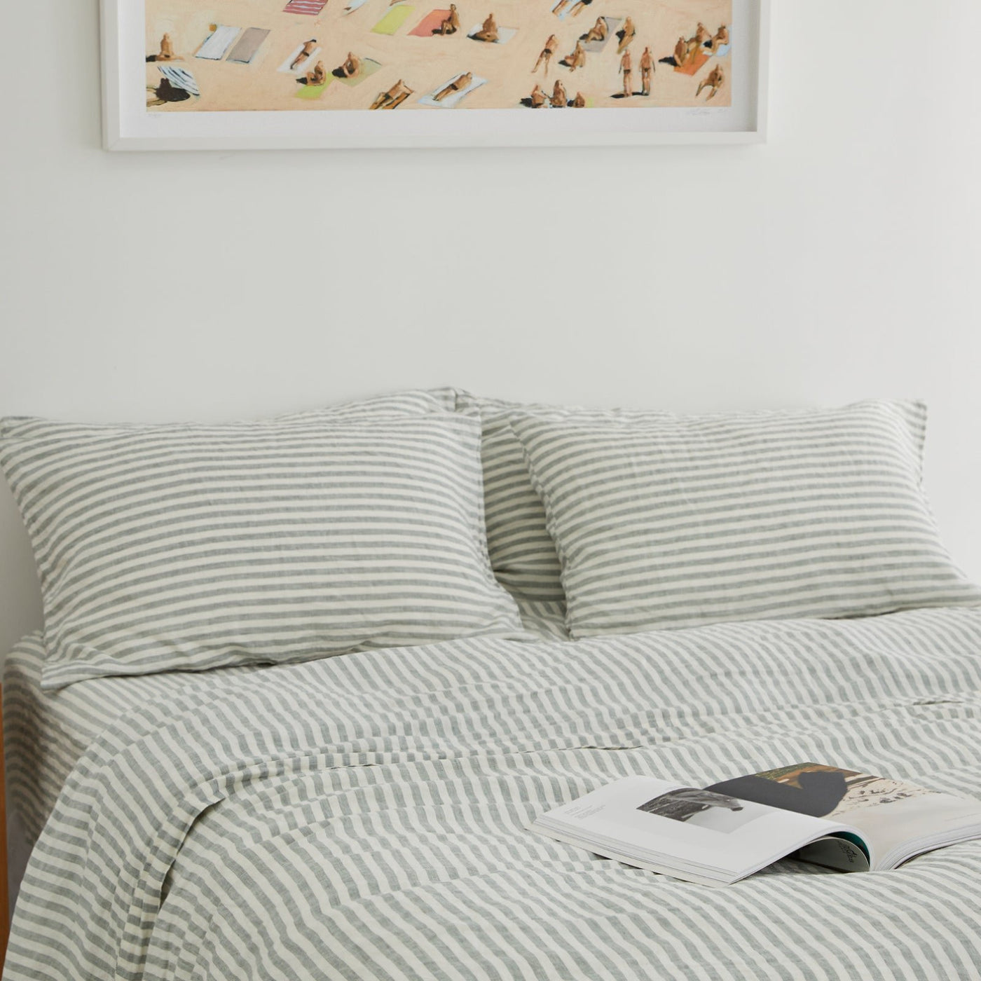 French Flax Linen Quilt Cover Set in Sage Stripe