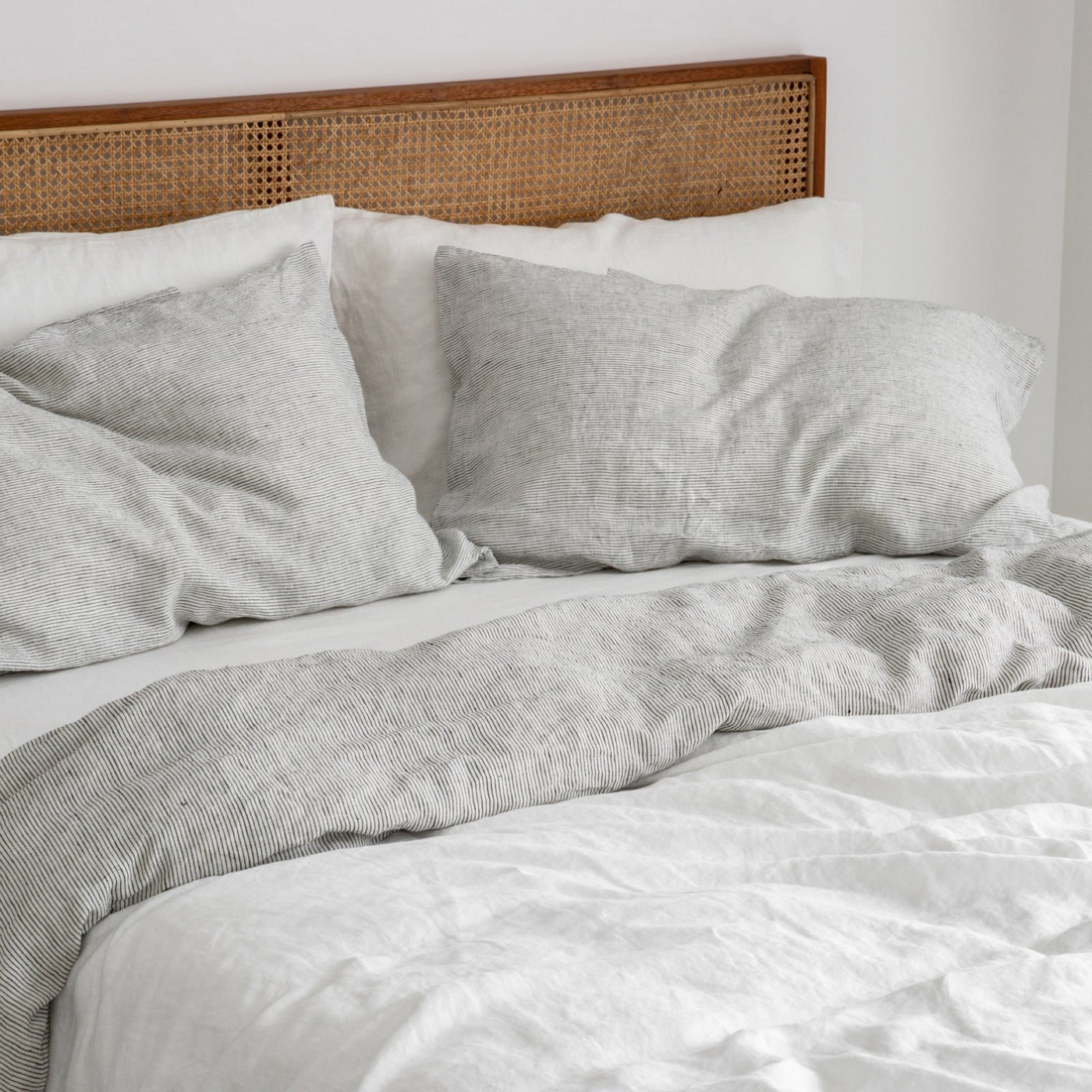 French Flax Linen Double Sided Quilt Cover Set in White/Pinstripe