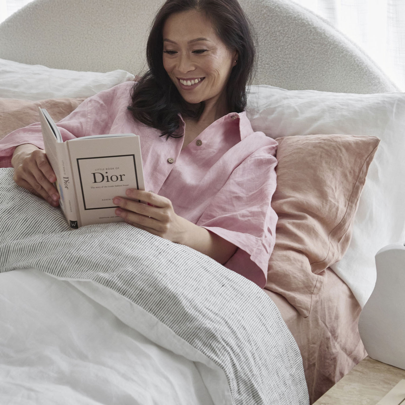 French Flax Linen Double Sided Quilt Cover Set in White/Pinstripe