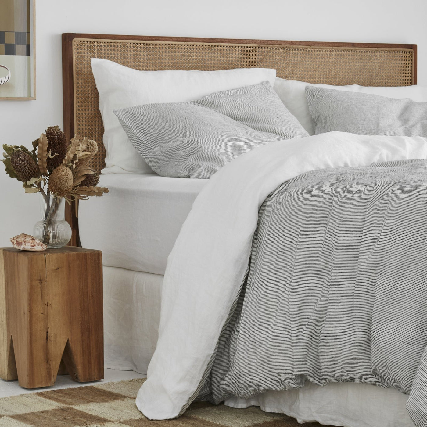 French Flax Linen Double Sided Quilt Cover Set in White/Pinstripe