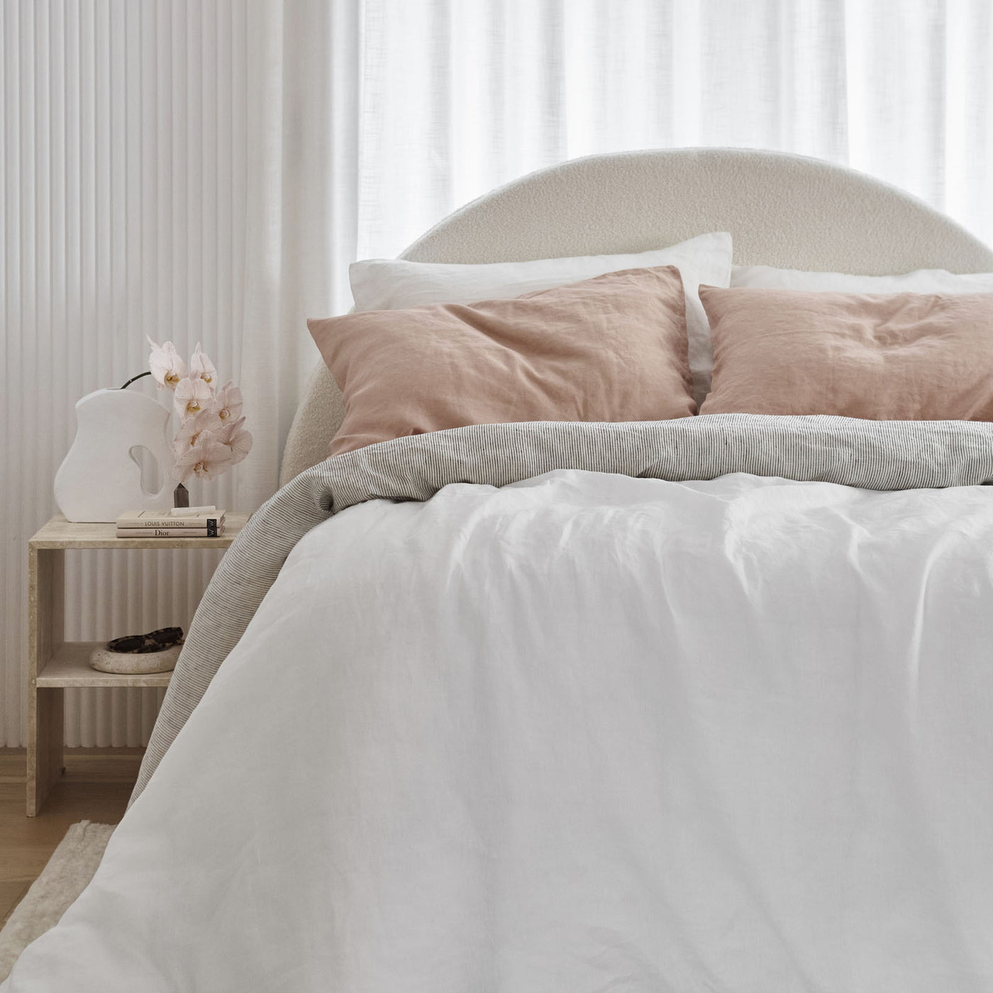 French Flax Linen Double Sided Quilt Cover Set in White/Pinstripe