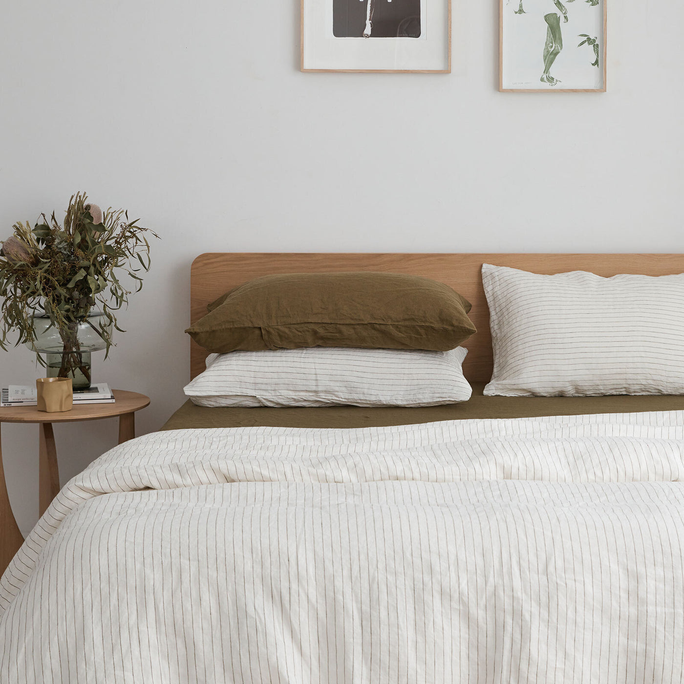 French Flax Linen Quilt Cover Set in Olive Stripe