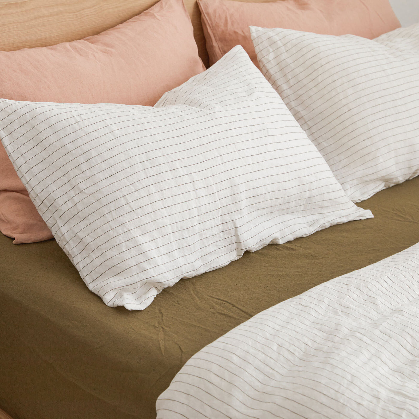 French Flax Linen Quilt Cover Set in Olive Stripe