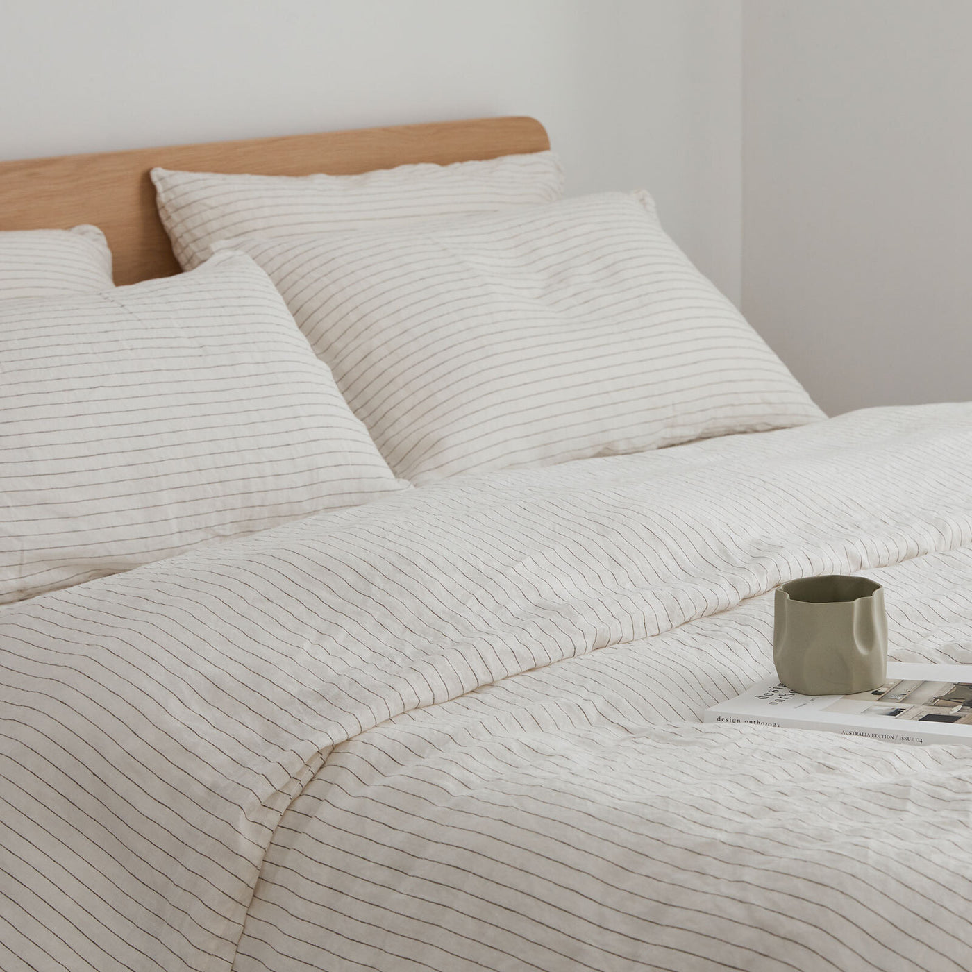 French Flax Linen Quilt Cover Set in Olive Stripe