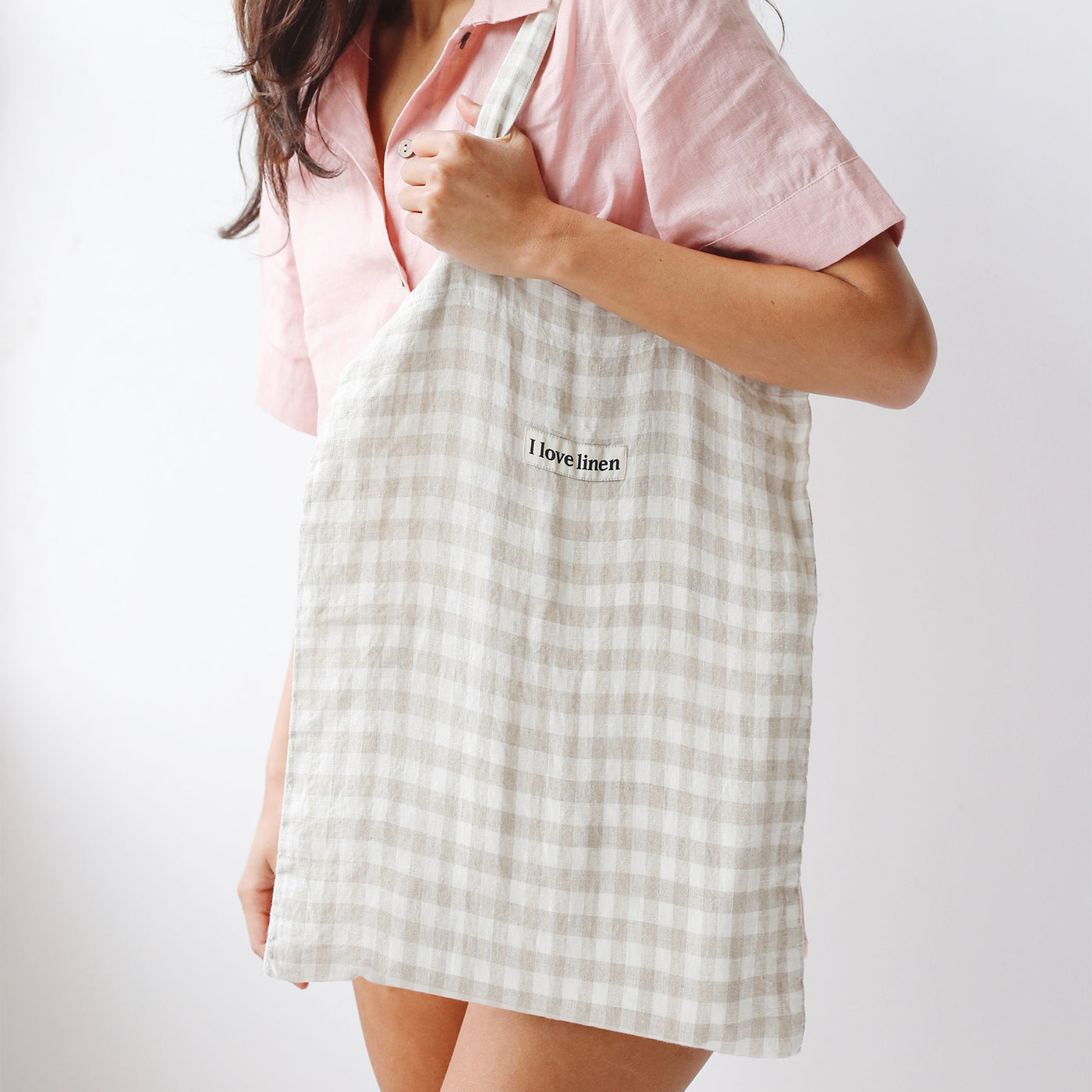 French Flax Linen Market Bag in Beige Gingham