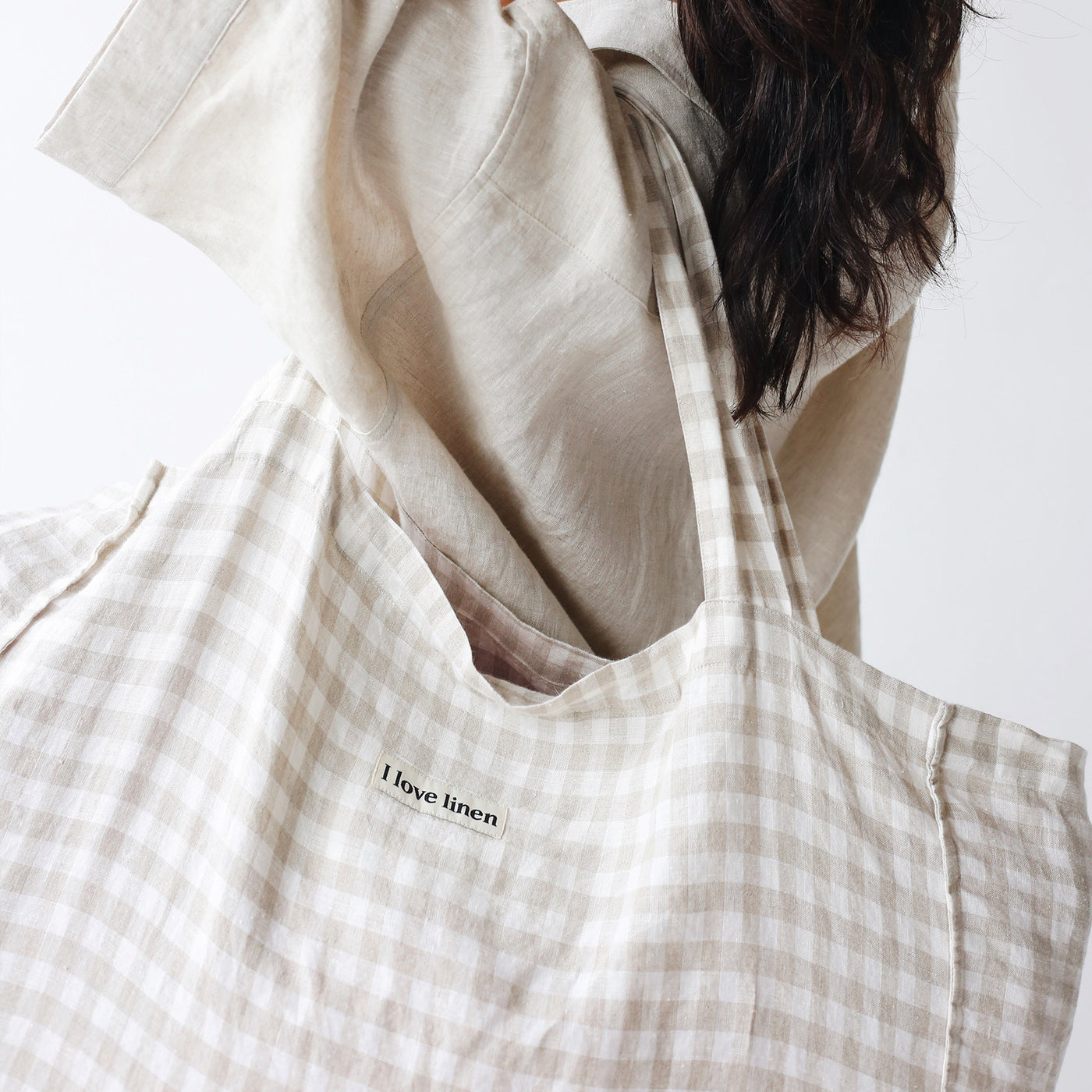 French Flax Linen Carry All Bag in Beige Gingham