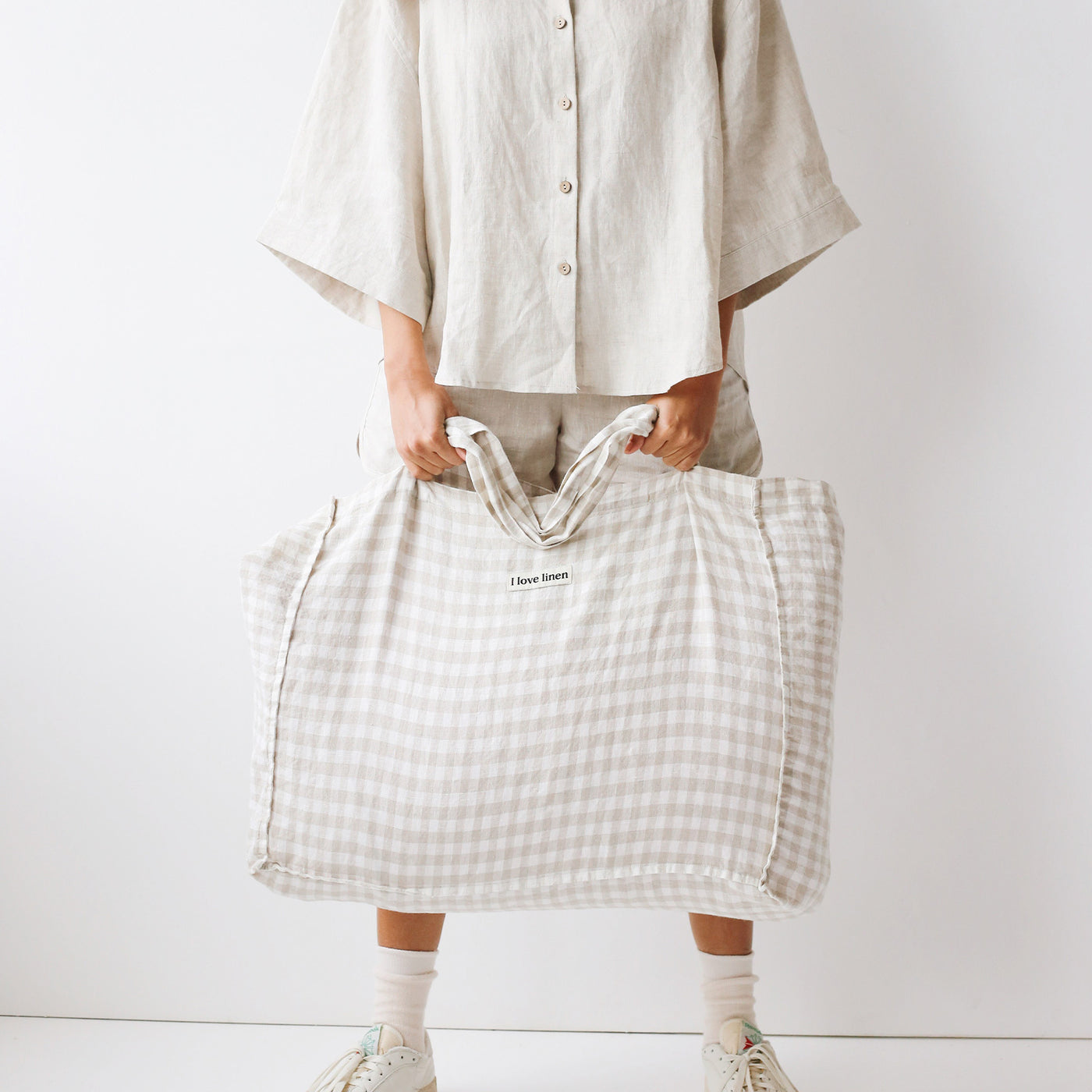 French Flax Linen Carry All Bag in Beige Gingham