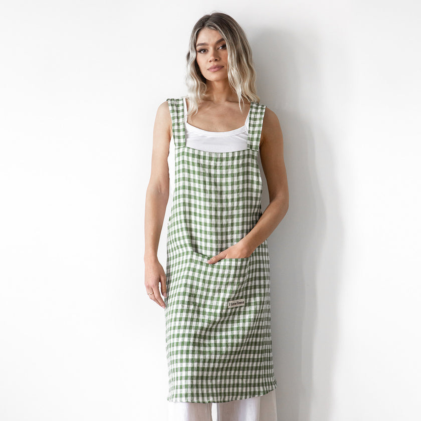 French Flax Linen Apron in Ivy Gingham