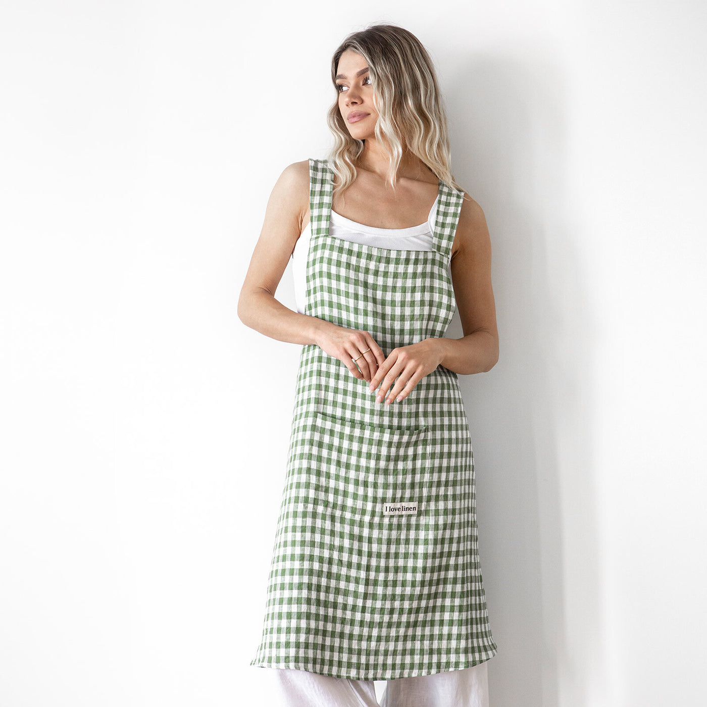 French Flax Linen Apron in Ivy Gingham