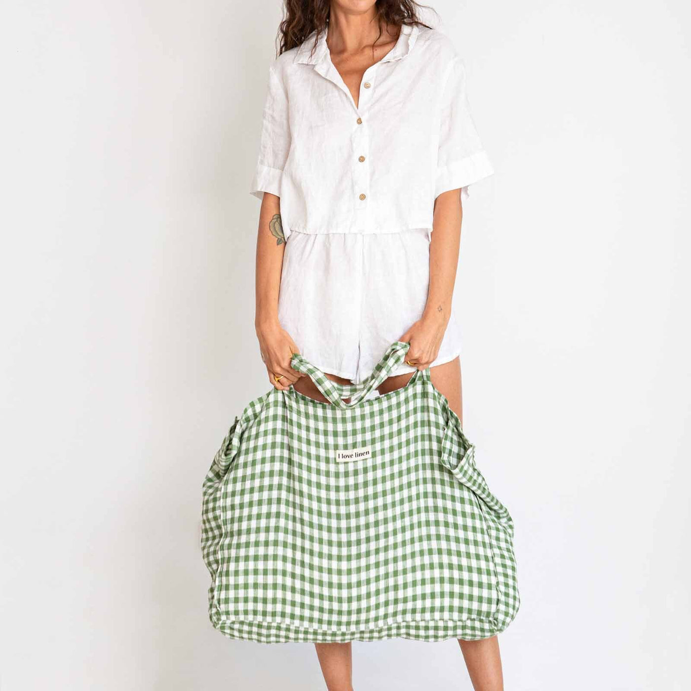 French Flax Linen Carry All Bag in Ivy Gingham