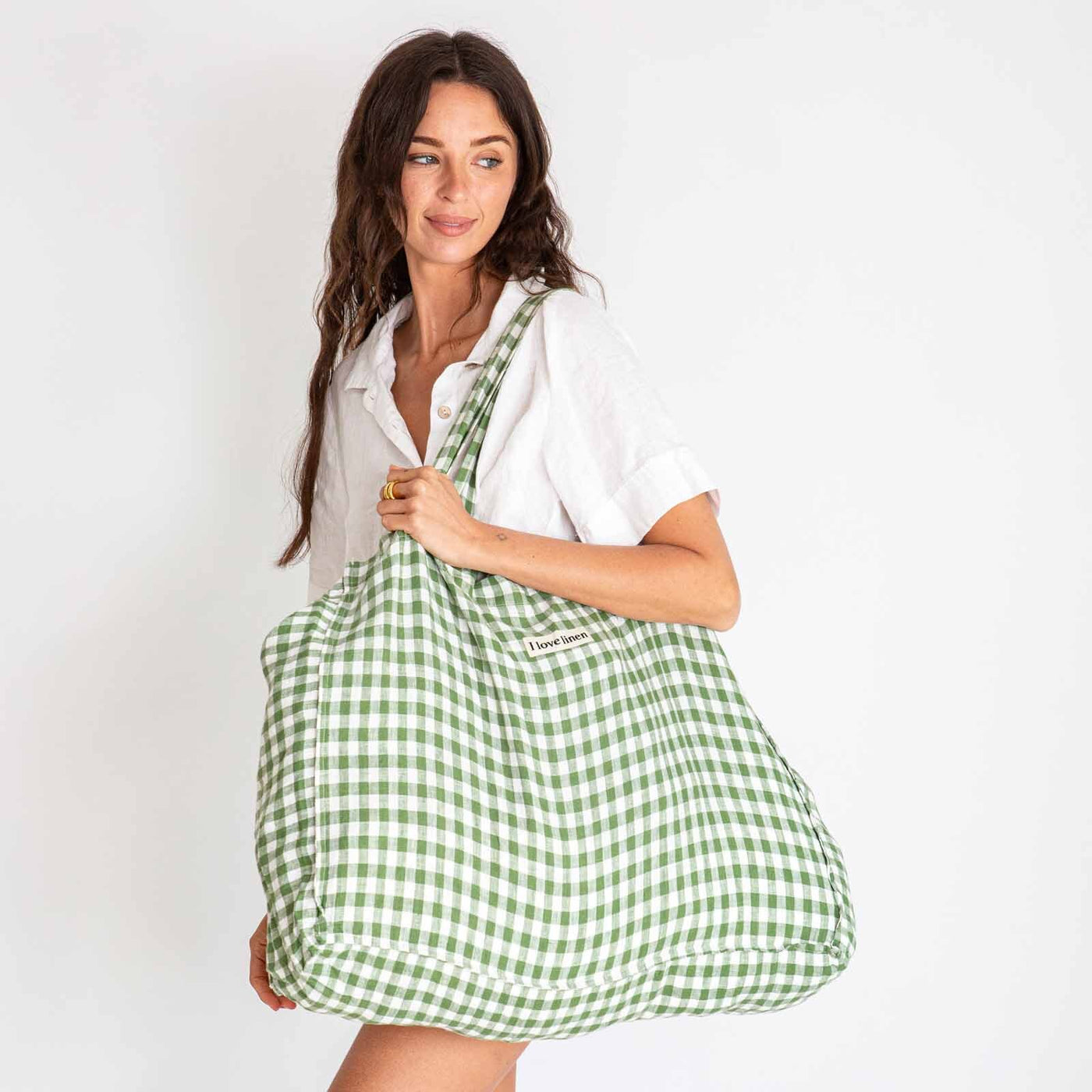 French Flax Linen Carry All Bag in Ivy Gingham