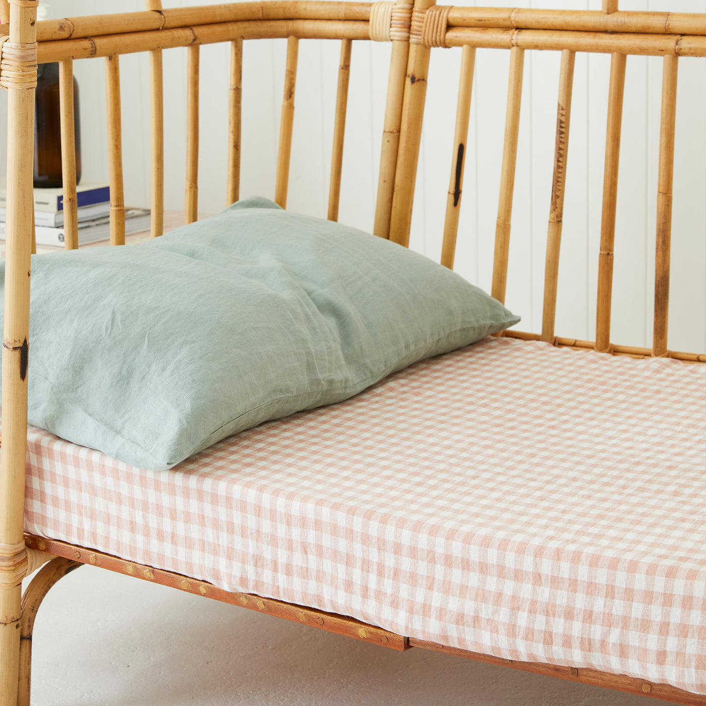 French Flax Linen Cot Sheet in Clay Gingham