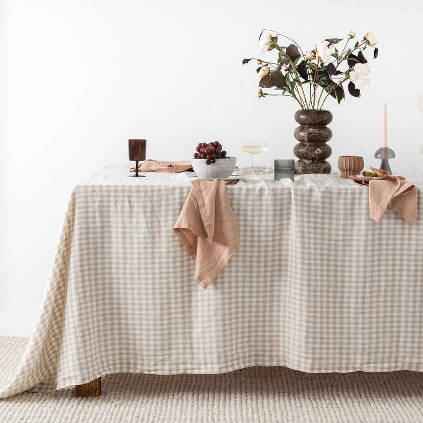 French Flax Linen Table Cloth in Beige Gingham