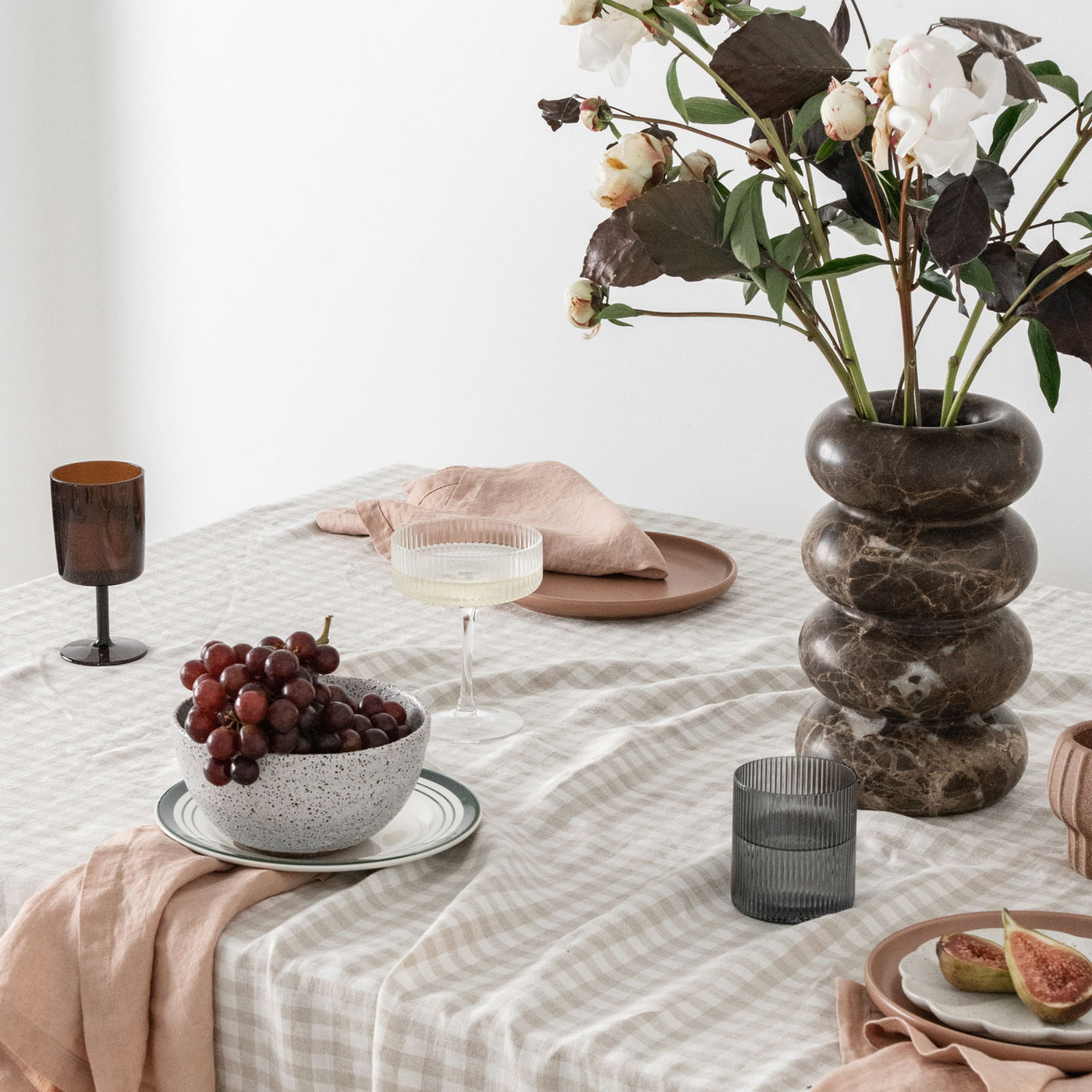 French Flax Linen Table Cloth in Beige Gingham