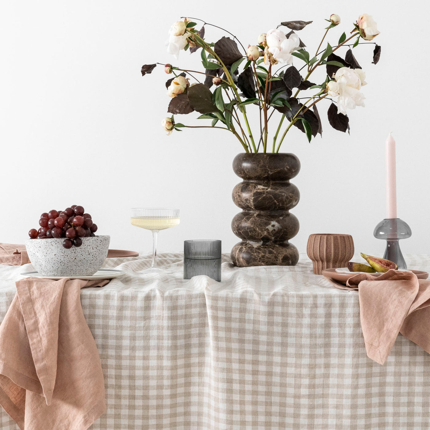 French Flax Linen Table Cloth in Beige Gingham