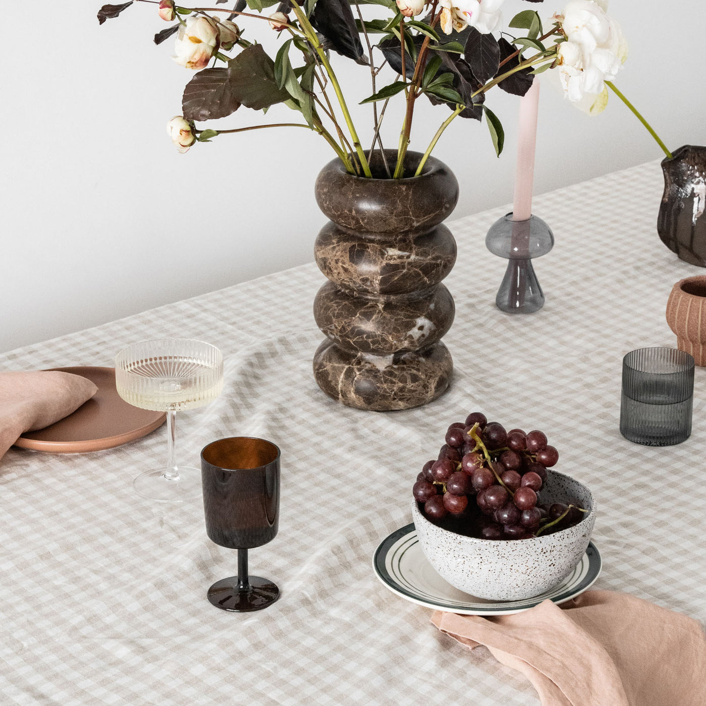 French Flax Linen Table Cloth in Beige Gingham