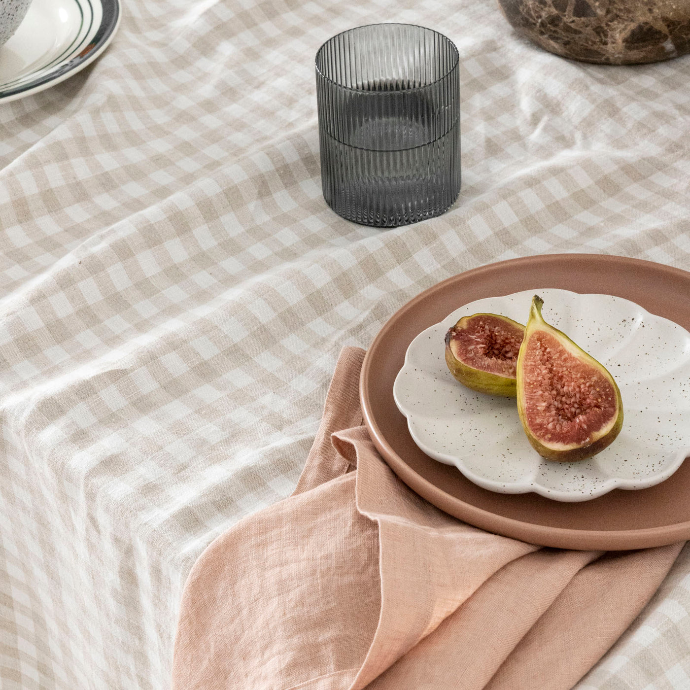 French Flax Linen Table Cloth in Beige Gingham