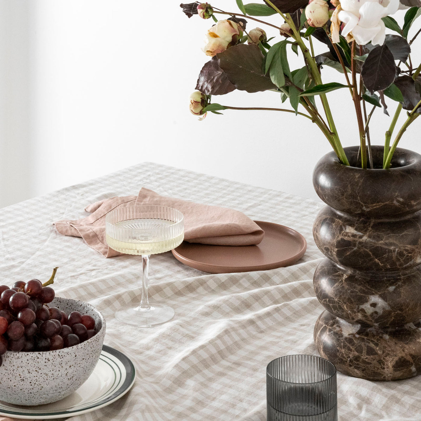 French Flax Linen Table Cloth in Beige Gingham