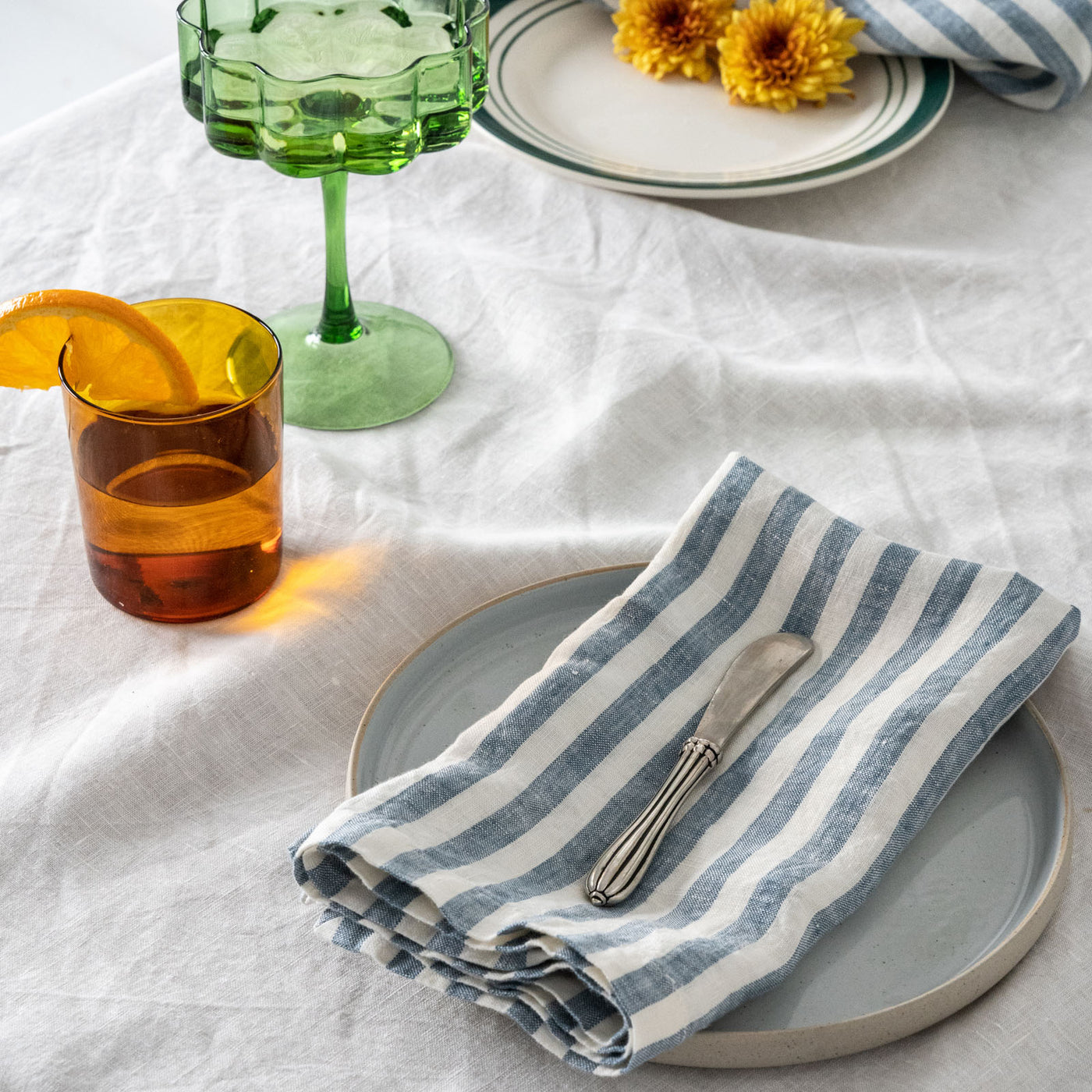 French Flax Linen Napkins (Set Of 4) in Marine Blue Stripe