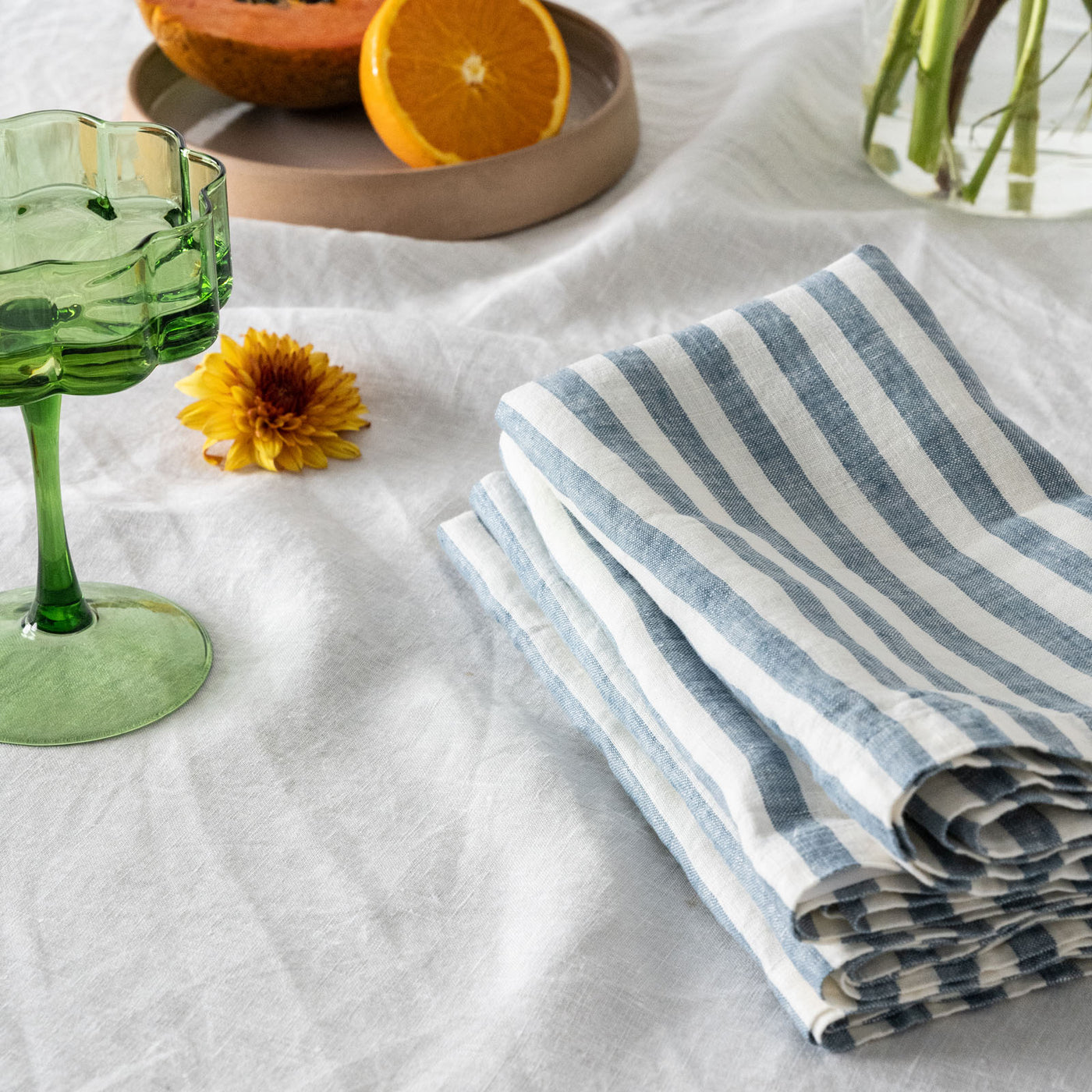 French Flax Linen Napkins (Set Of 4) in Marine Blue Stripe