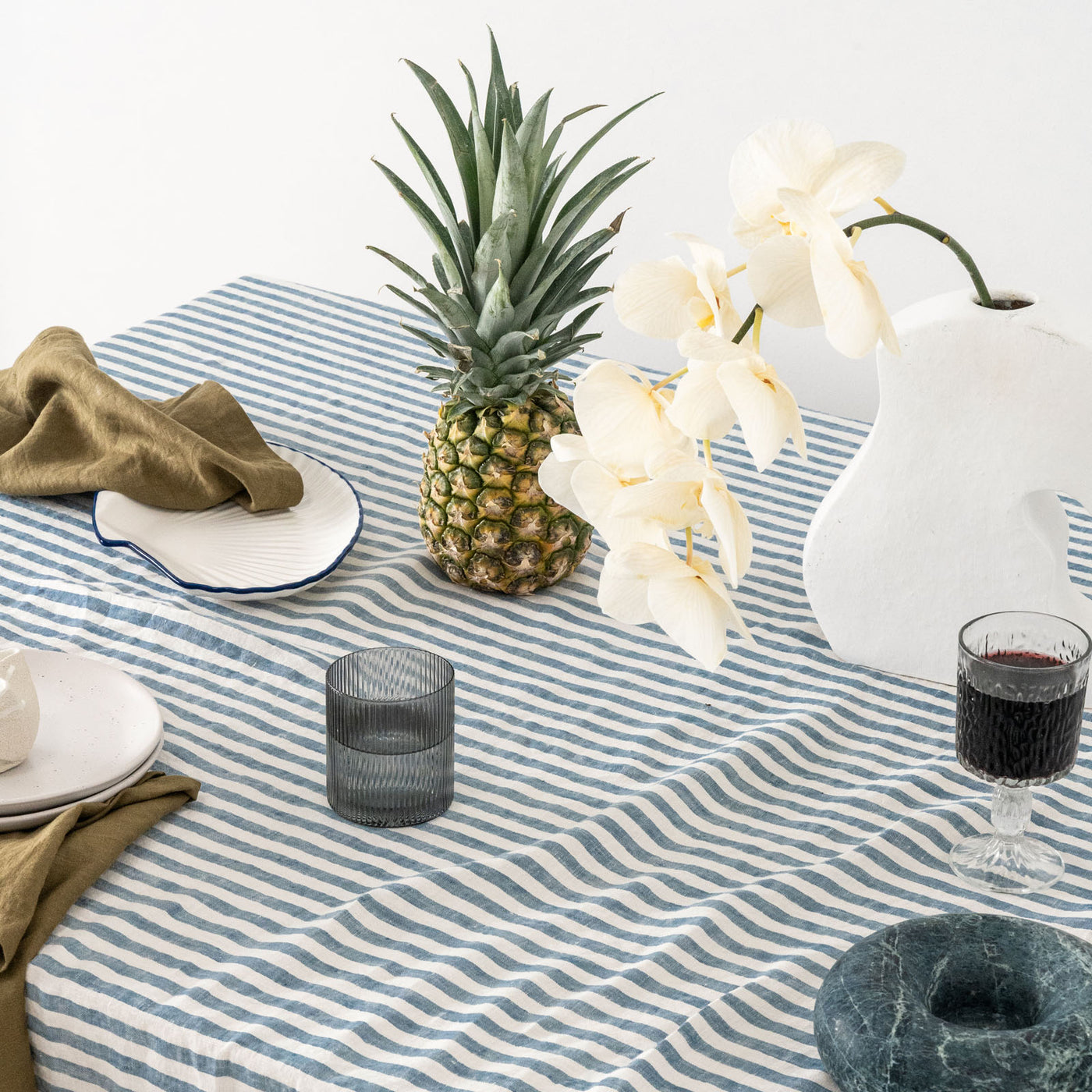 French Flax Linen Table Cloth in Marine Blue Stripe